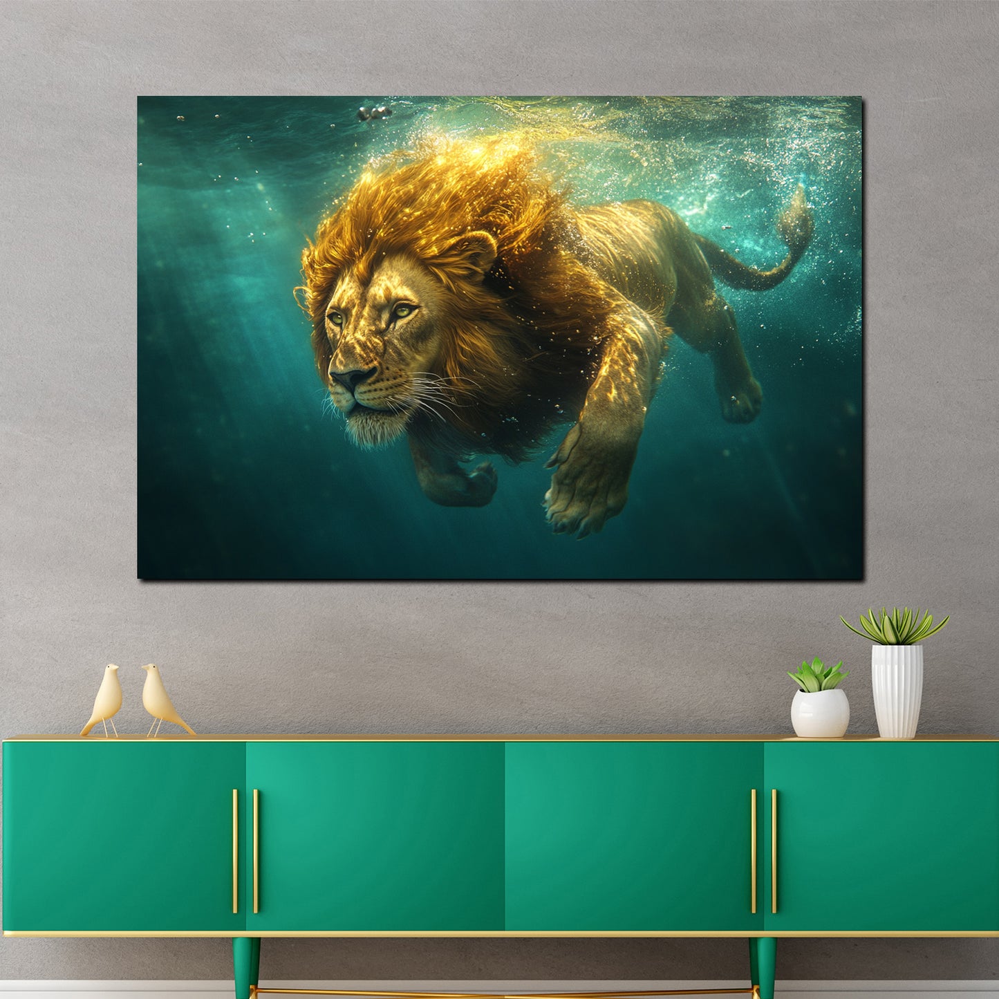 Quadro leone nell'acqua maestoso potere natura selvaggia