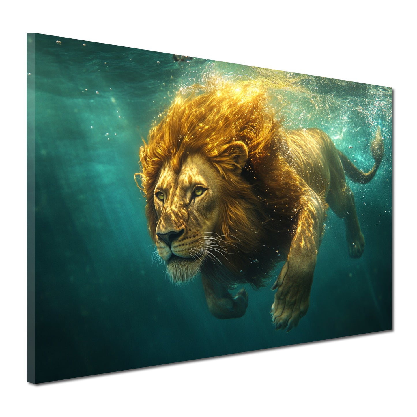 Quadro leone nell'acqua maestoso potere natura selvaggia