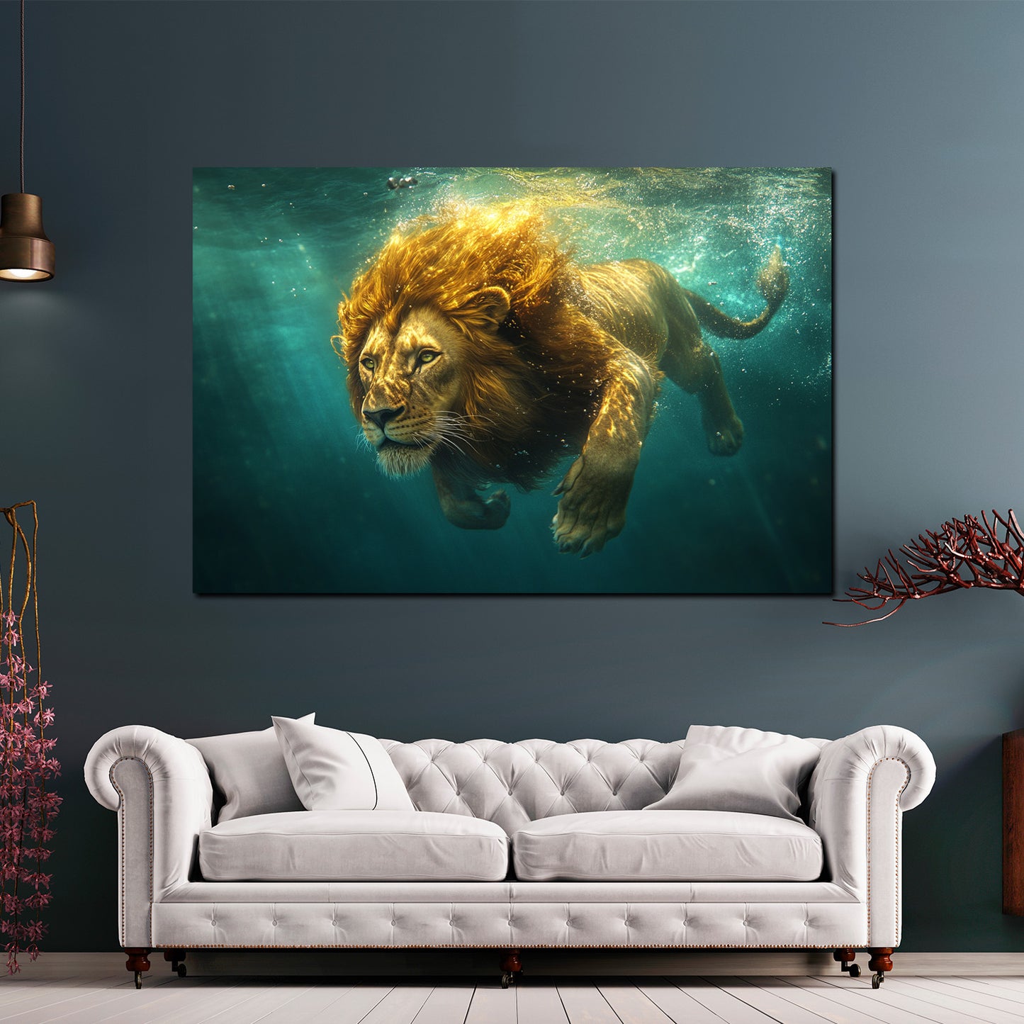 Quadro leone nell'acqua maestoso potere natura selvaggia