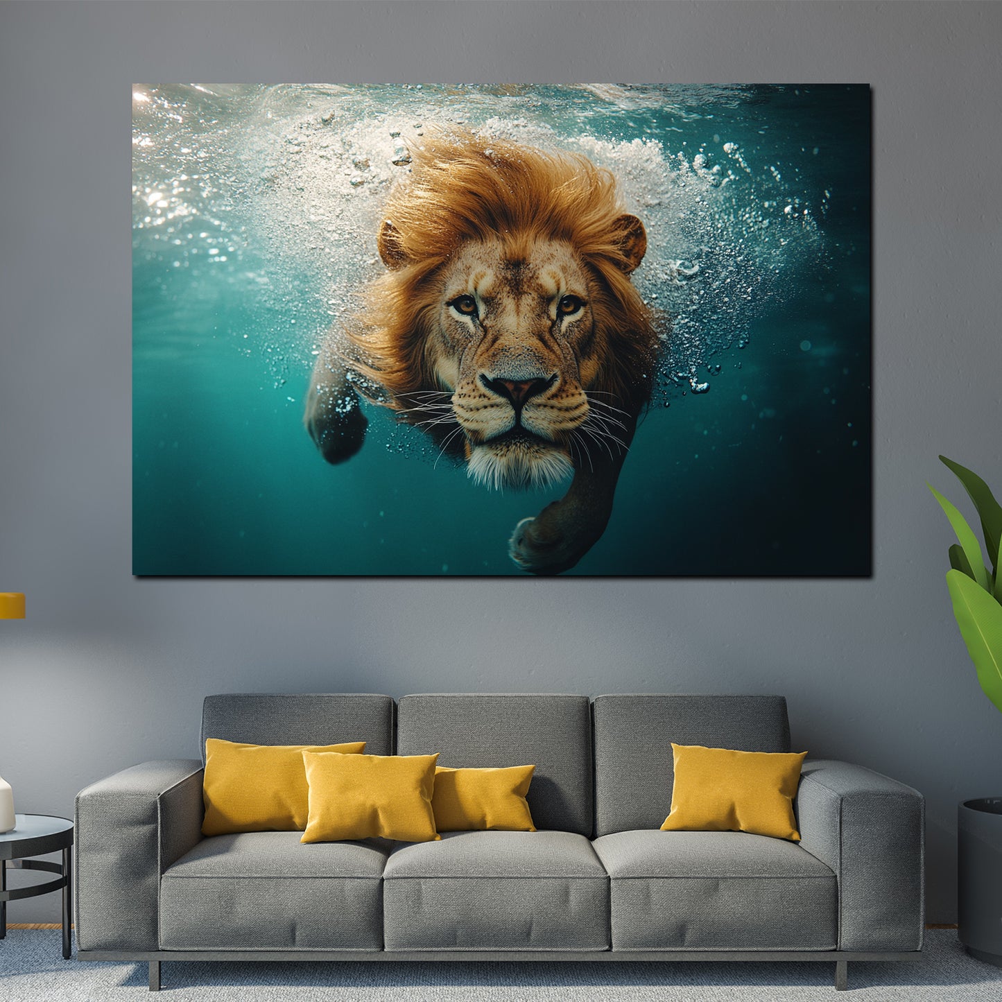 Quadro leone nell'acqua animale selvaggio dinamico