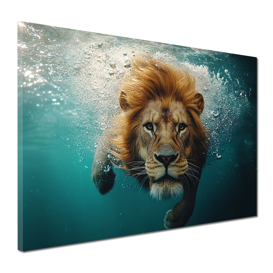 Quadro leone nell'acqua animale selvaggio dinamico