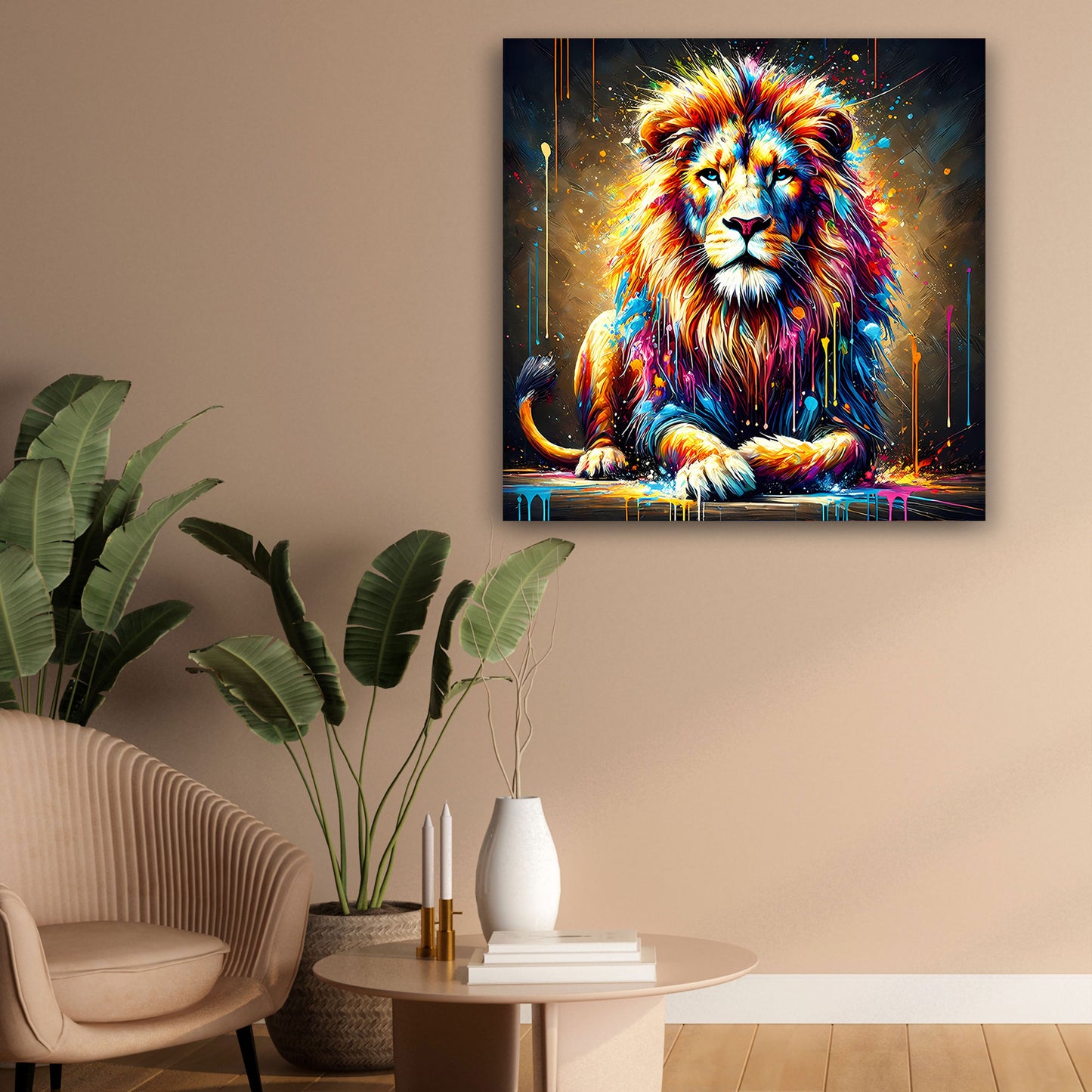 Quadro leone pop art seduto con colori vivaci