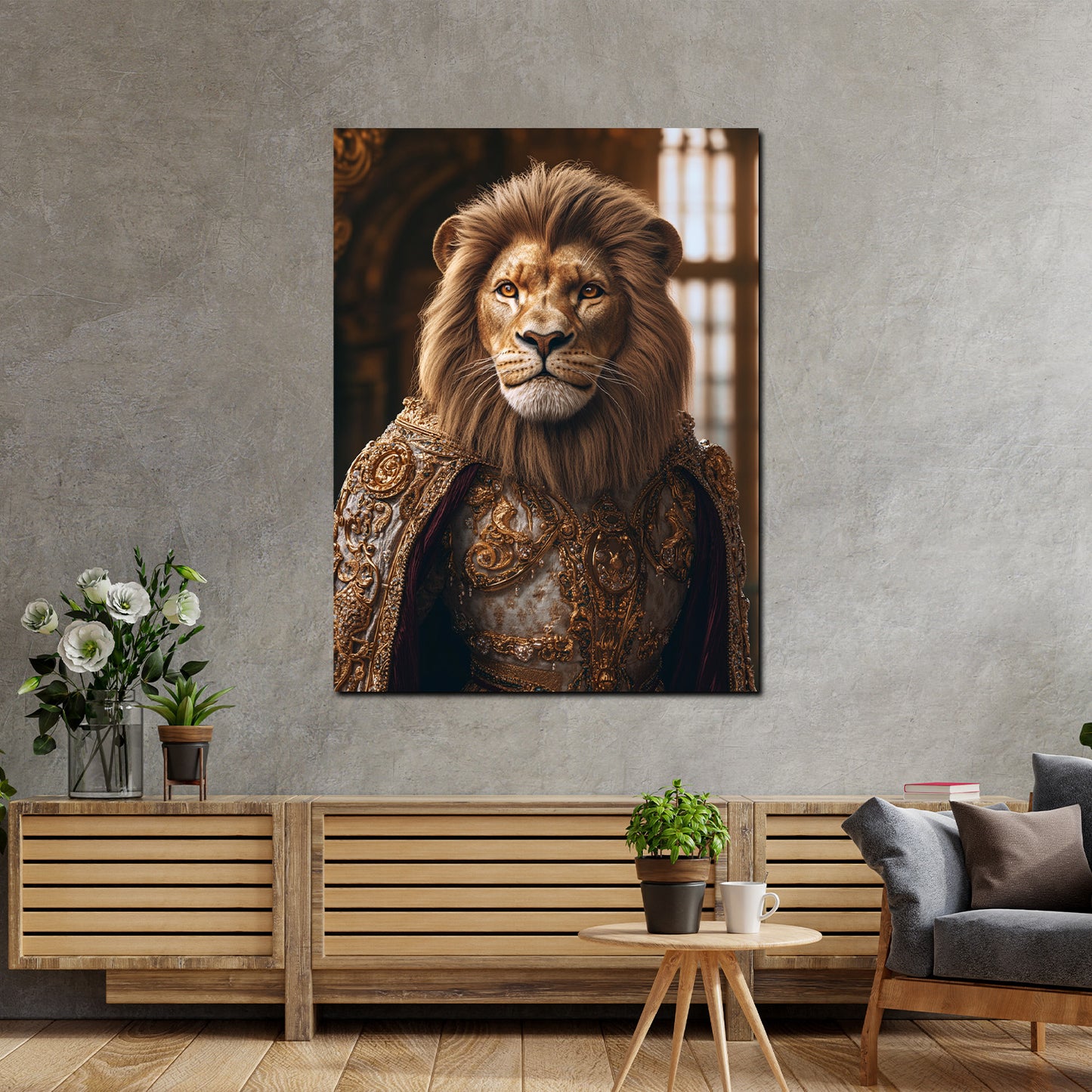 Quadro leone regale in armatura dorata nobiltà forza moderno