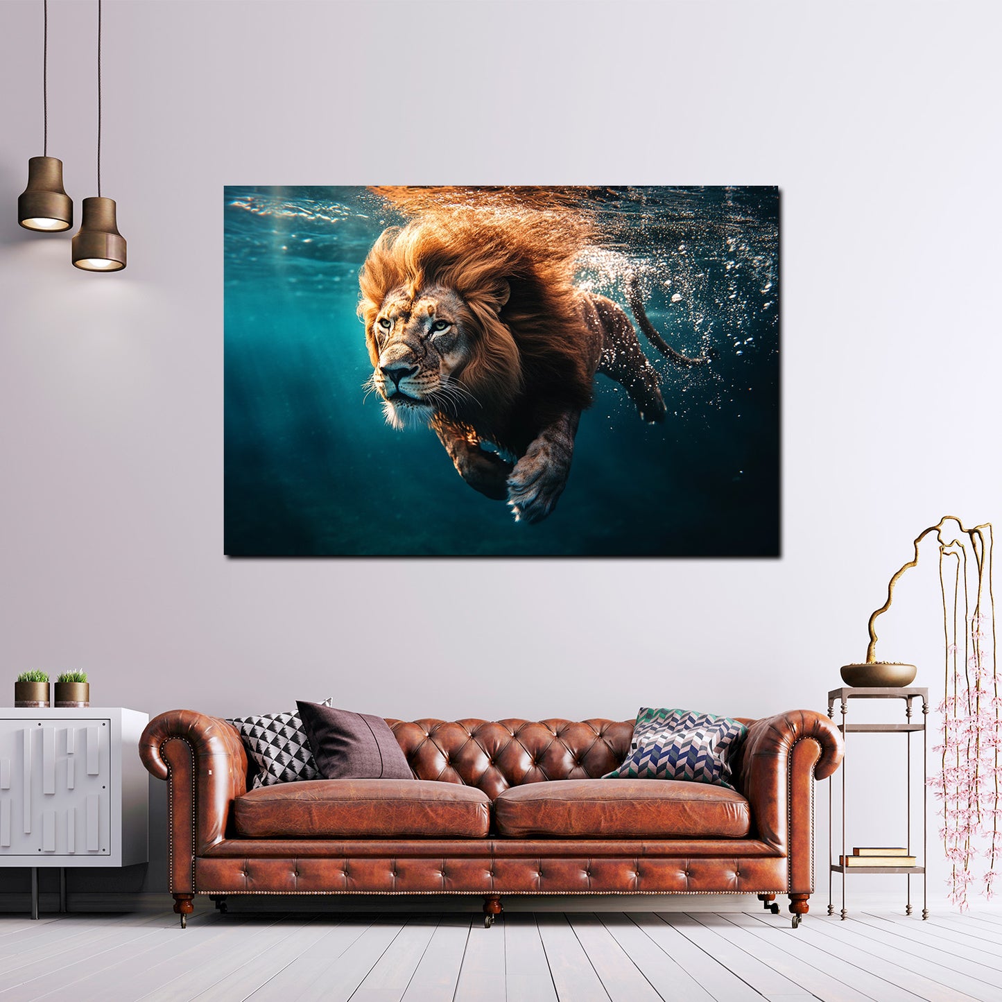 Quadro leone sott'acqua forza animale natura selvaggia
