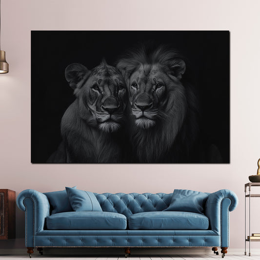 Quadro leoni coppia bianco nero forza eleganza ritratti animali