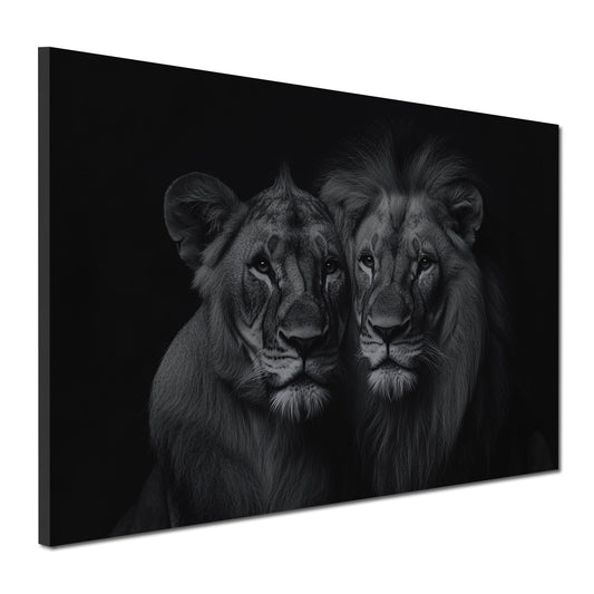 Quadro leoni coppia bianco nero forza eleganza ritratti animali