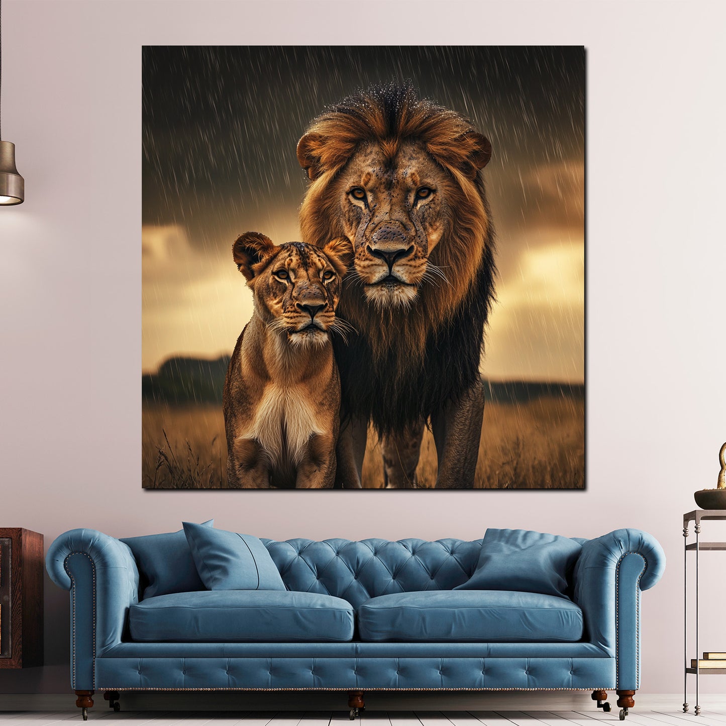 Quadro leoni coppia maestosa natura pioggia savana