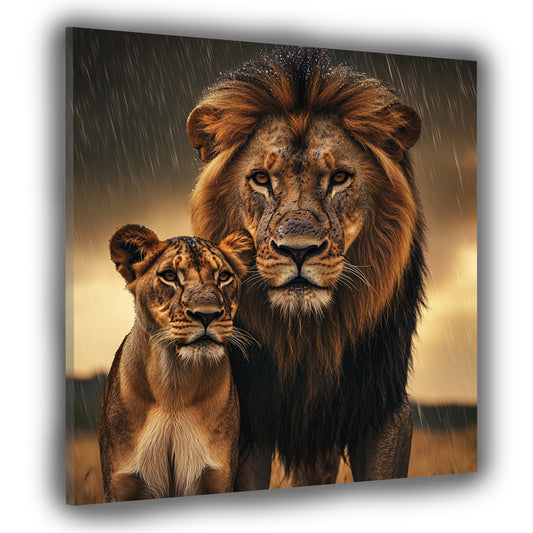 Quadro leoni coppia maestosa natura pioggia savana