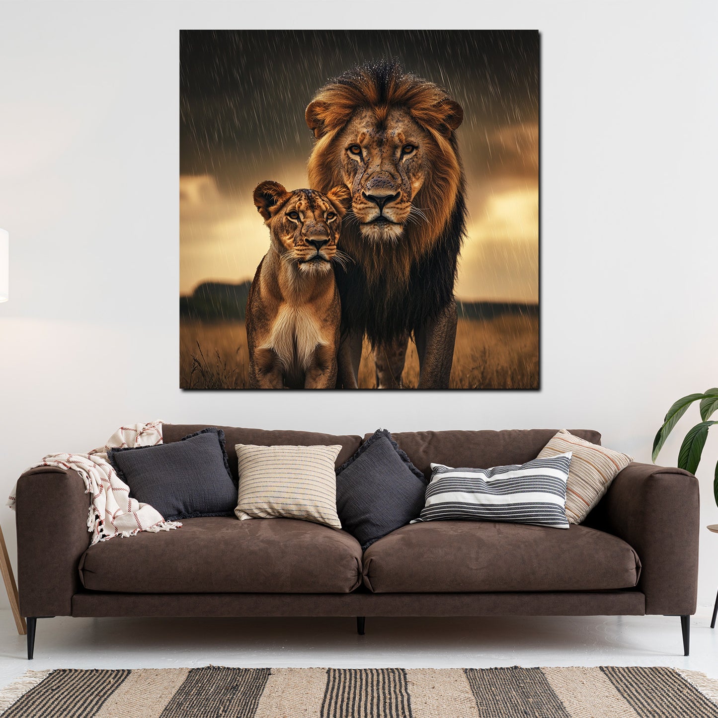 Quadro leoni coppia maestosa natura pioggia savana