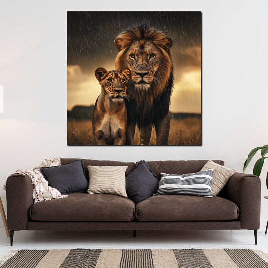 Quadro leoni coppia maestosa natura pioggia savana