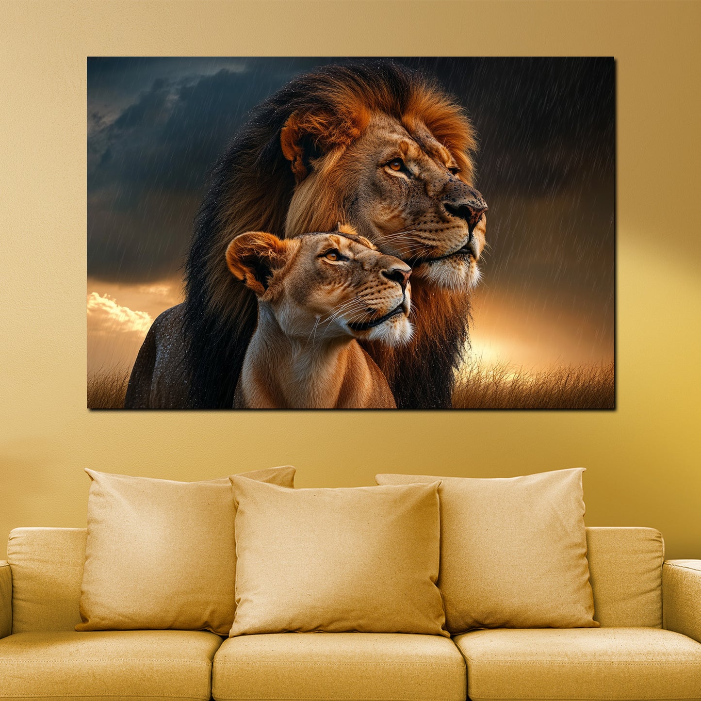 Quadro leoni coppia maestosa natura tramonto