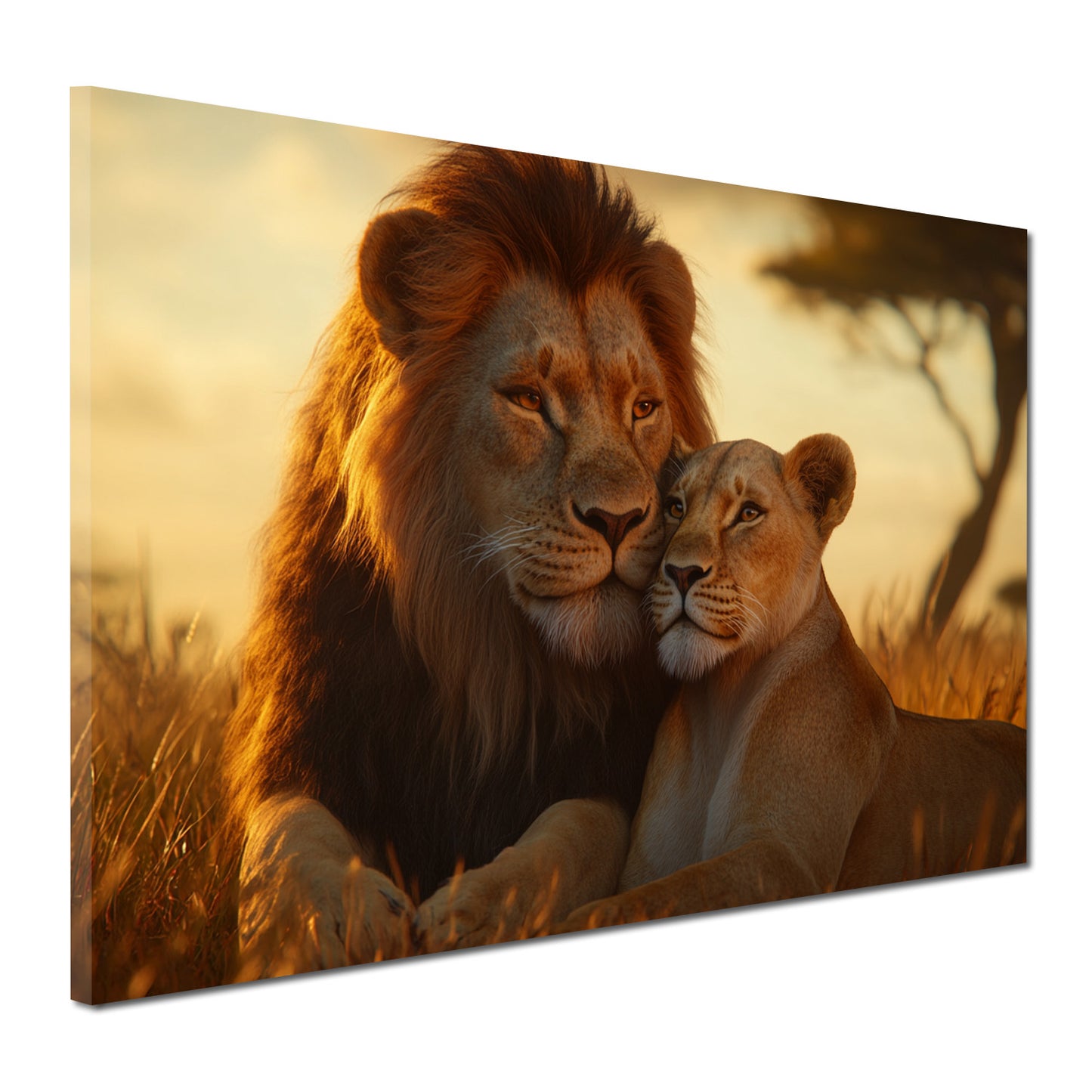 Quadro leoni coppia tramonto savana amore natura