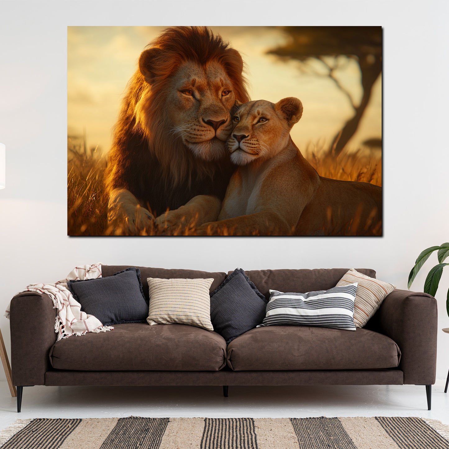 Quadro leoni coppia tramonto savana amore natura