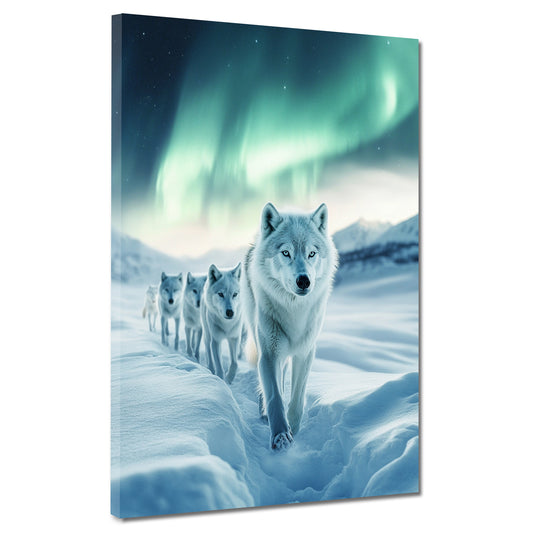 Quadro lupi bianchi nella neve aurora boreale natura libertà moderno