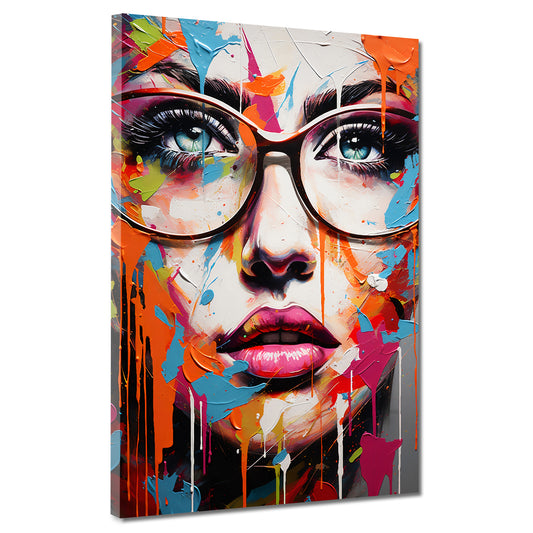 Quadro moderno volto femminile con occhiali stile pop art