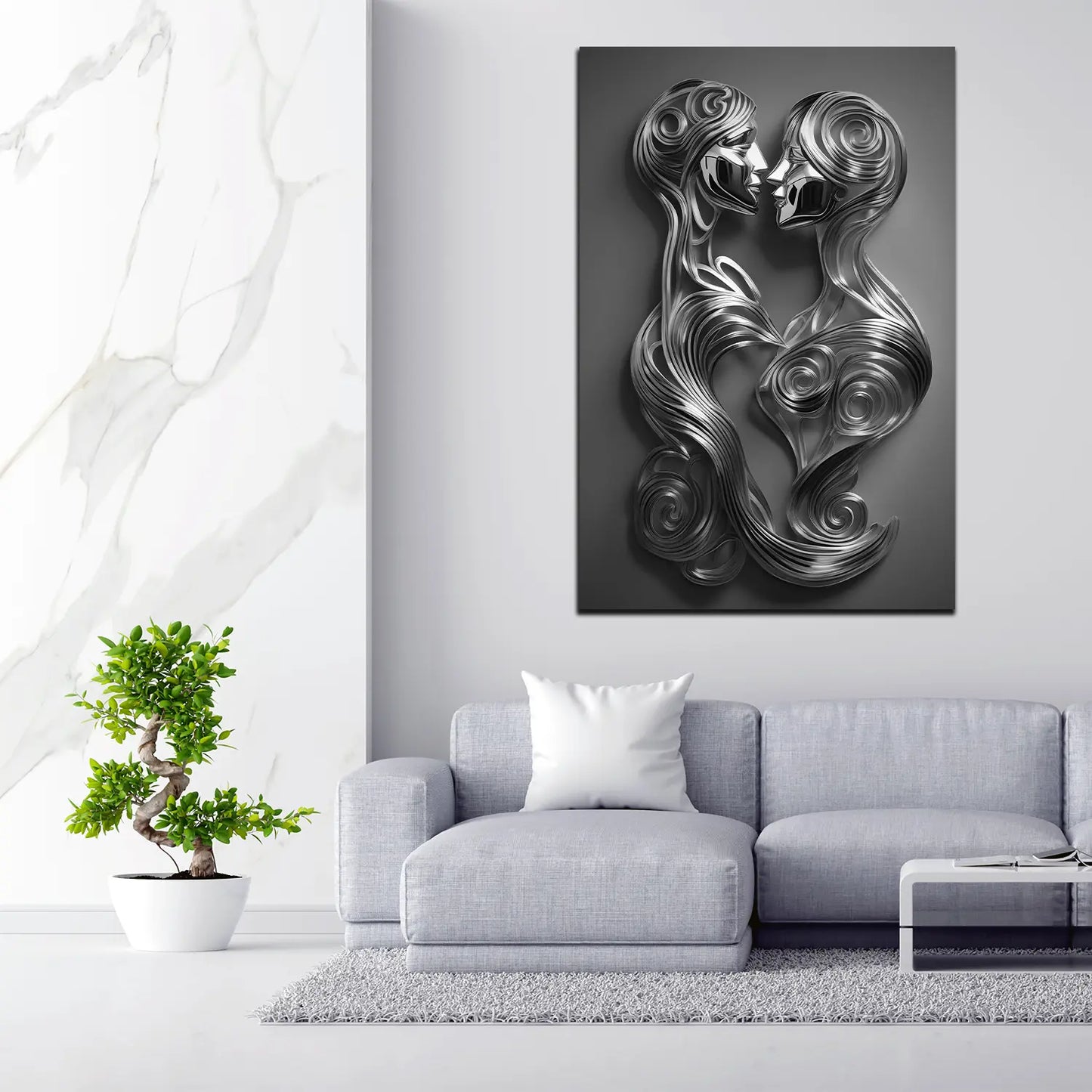 Quadro moderno bacio figure stile metallo silver style