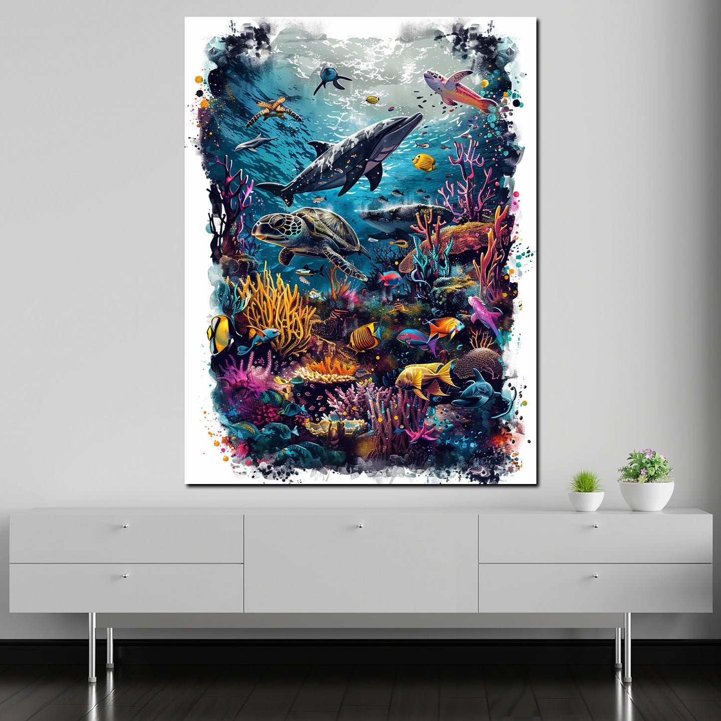 Quadro mondo sottomarino colorato con coralli pesci e tartaruga vivace