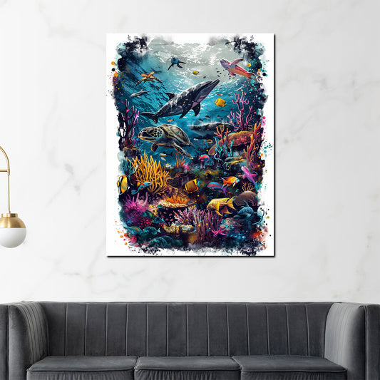 Quadro mondo sottomarino colorato con coralli pesci e tartaruga vivace