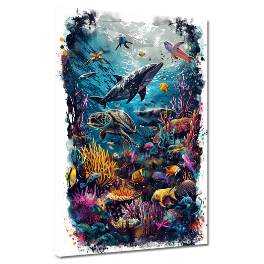 Quadro mondo sottomarino colorato con coralli pesci e tartaruga vivace