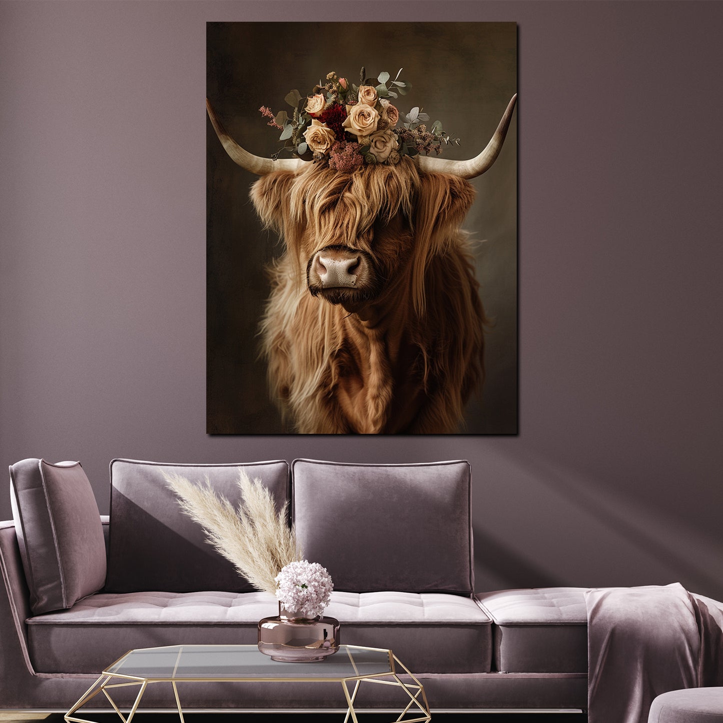 Quadro mucca delle Highlands con corona di fiori natura boho rustico moderno
