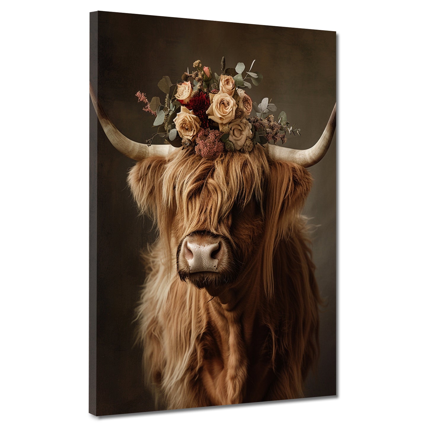 Quadro mucca delle Highlands con corona di fiori natura boho rustico moderno