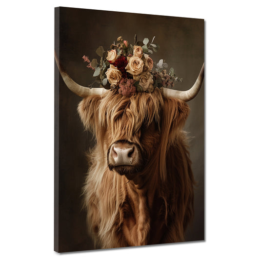 Quadro mucca delle Highlands con corona di fiori natura boho rustico moderno