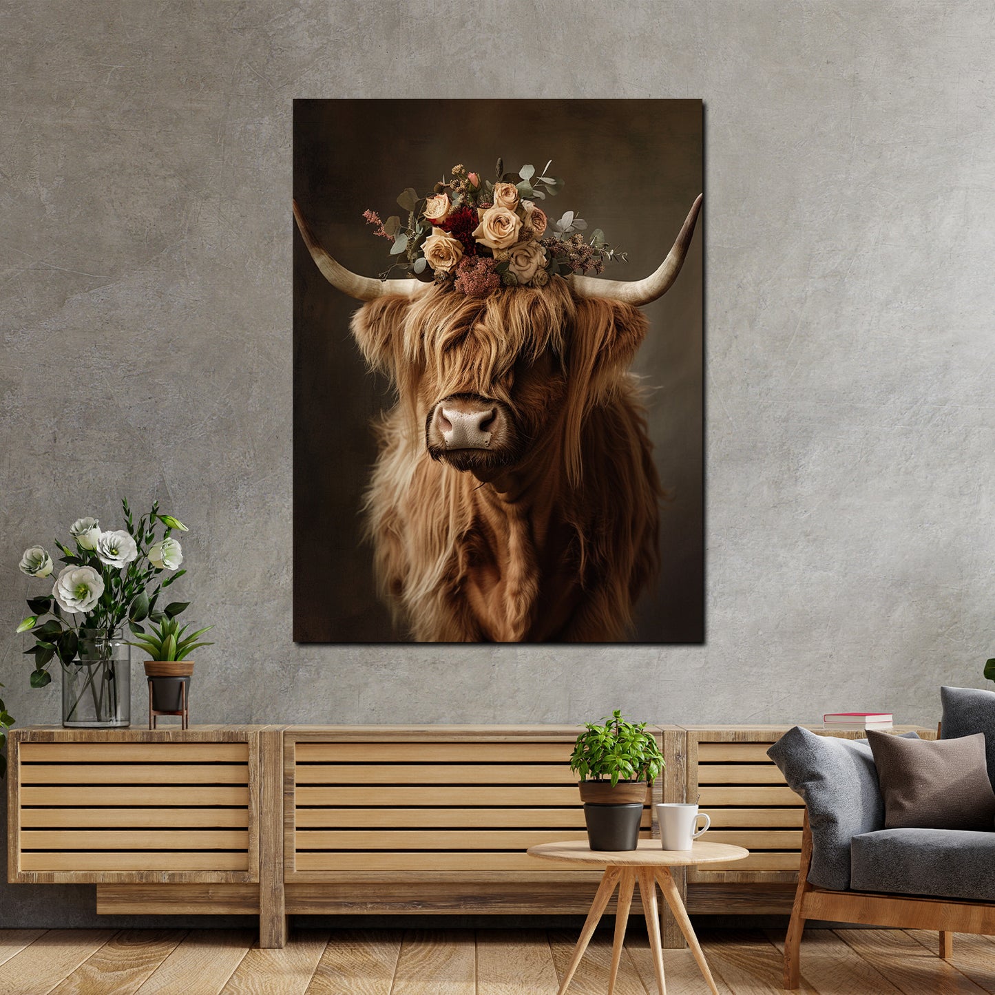 Quadro mucca delle Highlands con corona di fiori natura boho rustico moderno