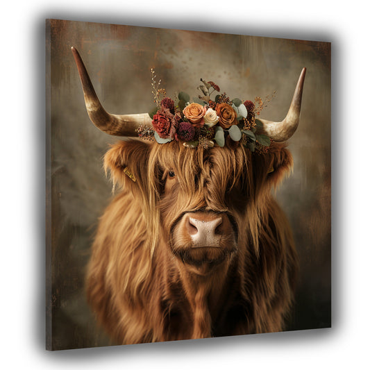 Quadro mucca delle Highlands con fiori stile boho natura moderno
