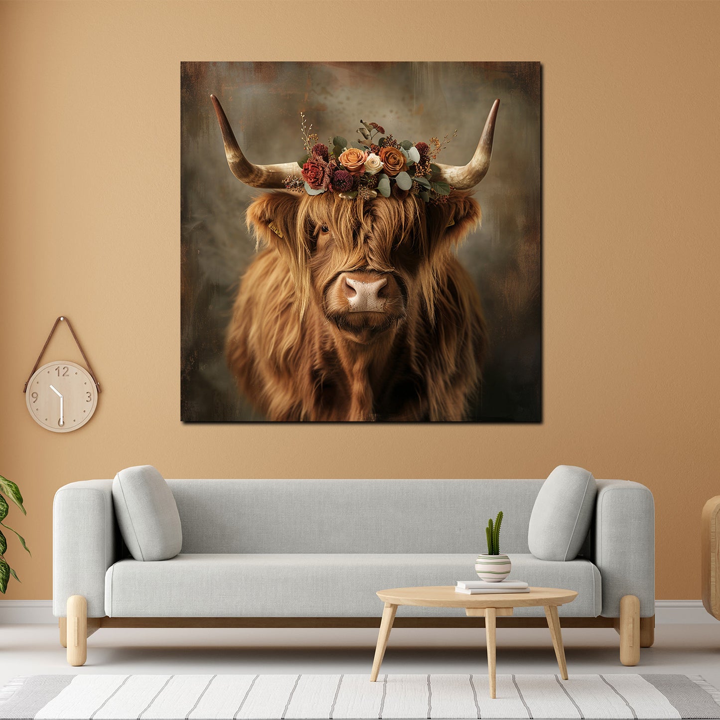 Quadro mucca delle Highlands con fiori stile boho natura moderno