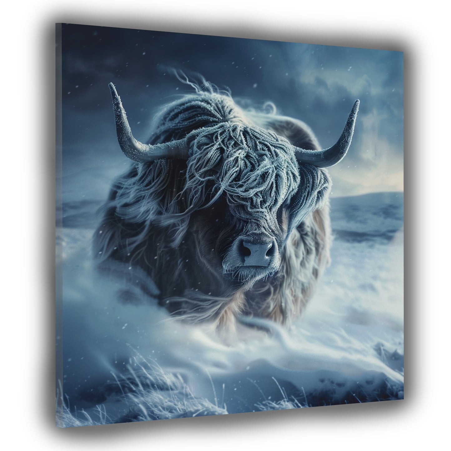 Quadro mucca nella neve paesaggio invernale natura ghiacciata