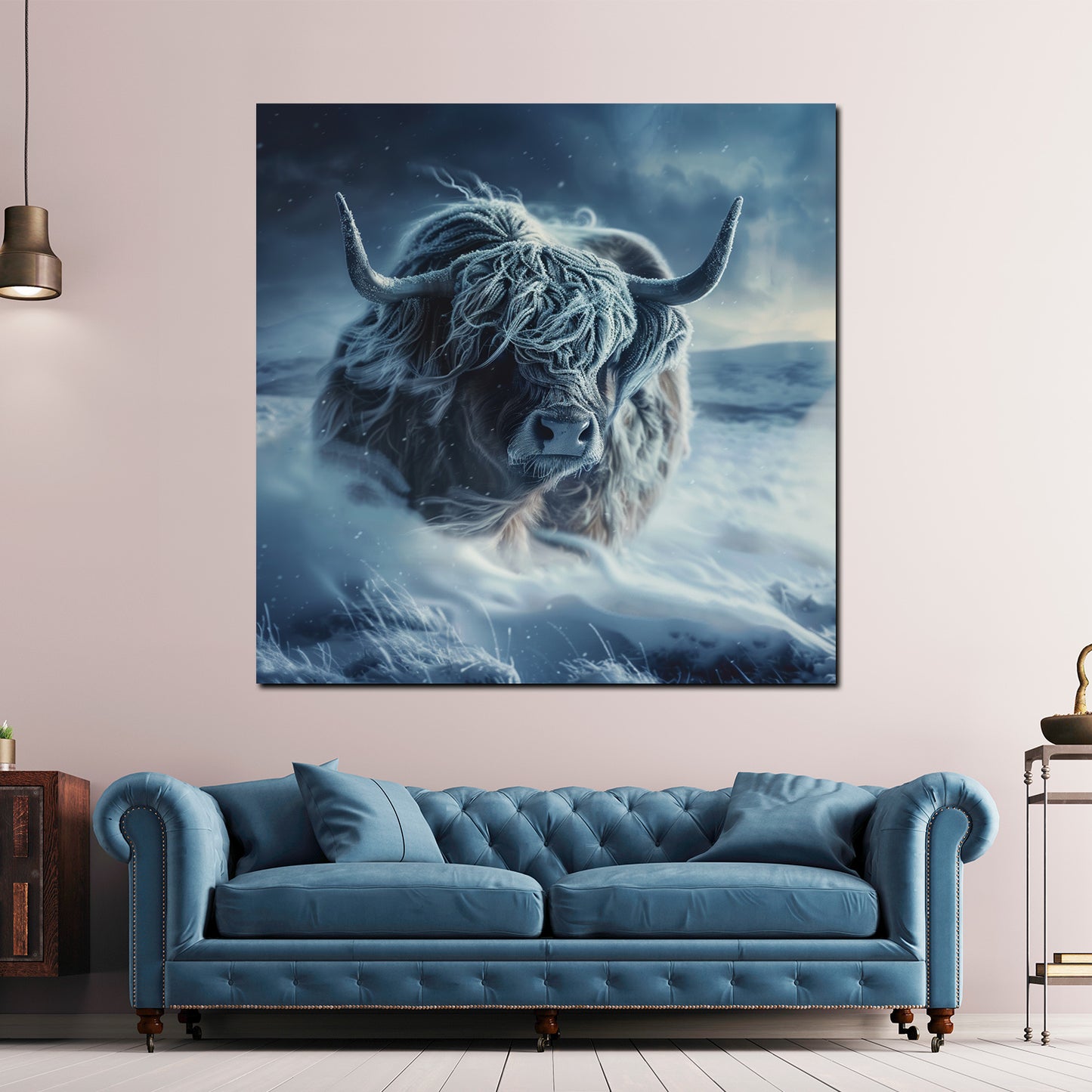 Quadro mucca nella neve paesaggio invernale natura ghiacciata