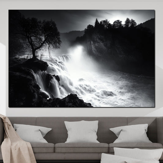 Quadro natura cascata bianco e nero paesaggio forza dell’acqua atmosfera