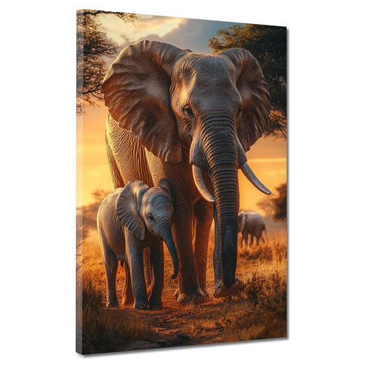 Quadro natura elefanti famiglia tramonto savana africana