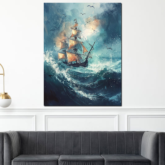 Quadro nave a vela in tempesta con gabbiani