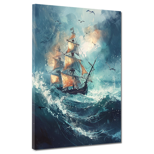 Quadro nave a vela in tempesta con gabbiani