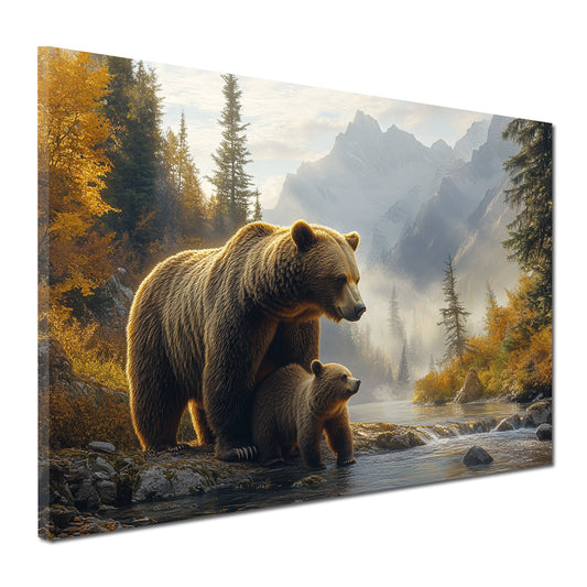 Quadro orsi famiglia montagna fiume natura autunno
