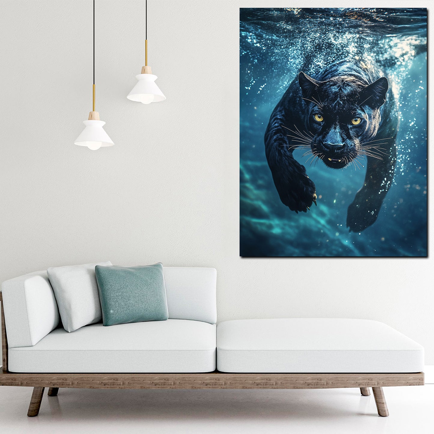 Quadro pantera nera che si tuffa nell'acqua forza animale selvaggio moderno