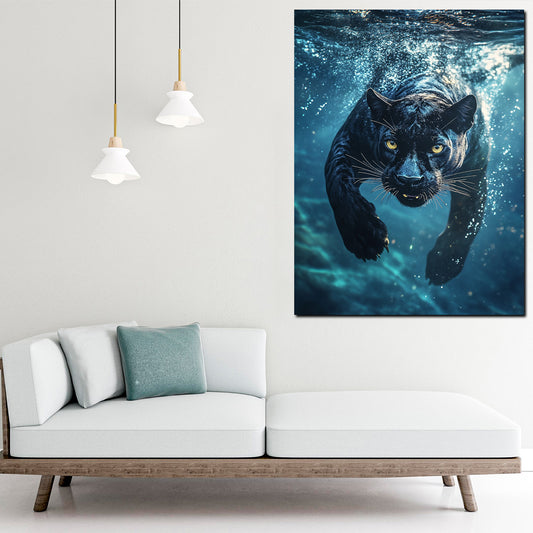 Quadro pantera nera che si tuffa nell'acqua forza animale selvaggio moderno