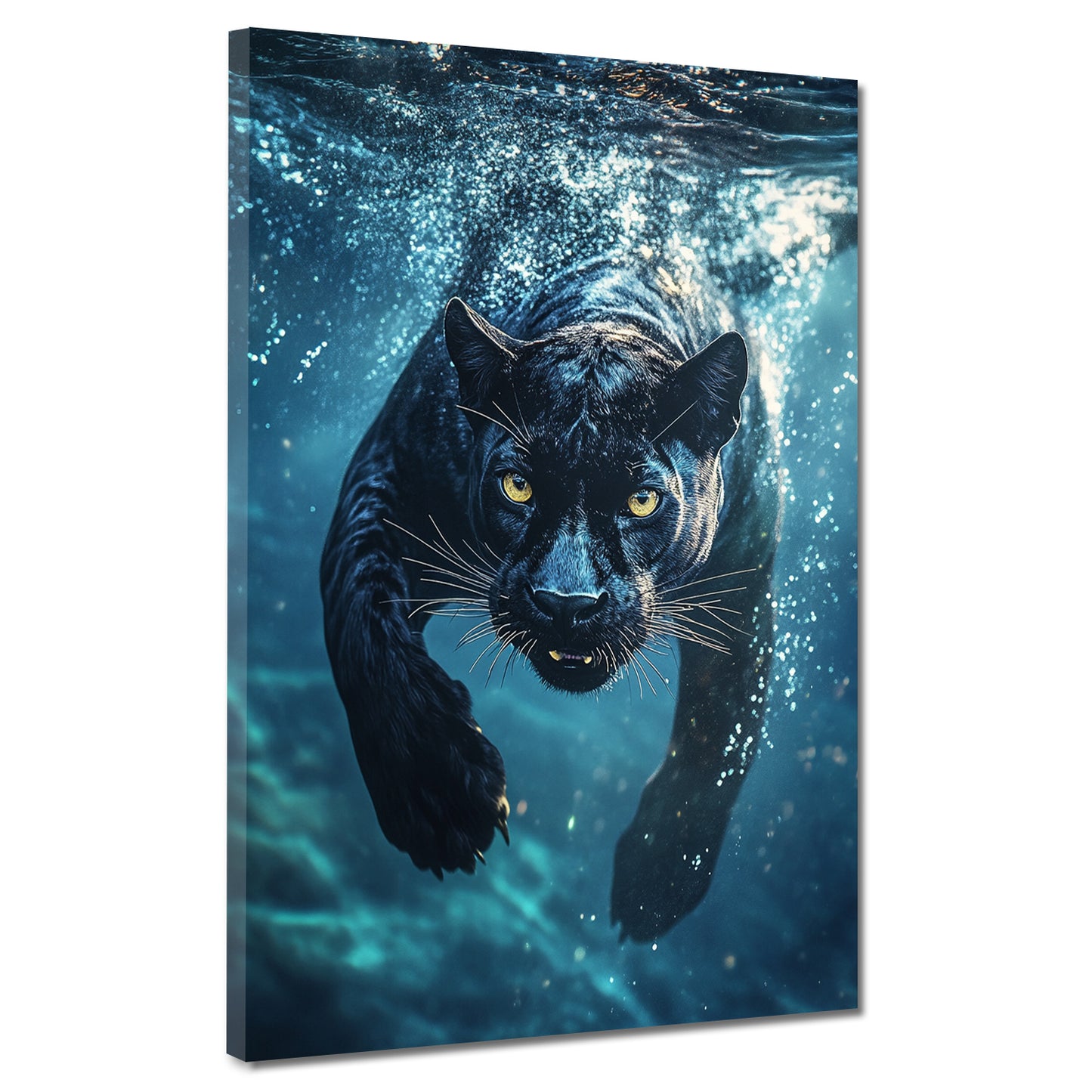 Quadro pantera nera che si tuffa nell'acqua forza animale selvaggio moderno