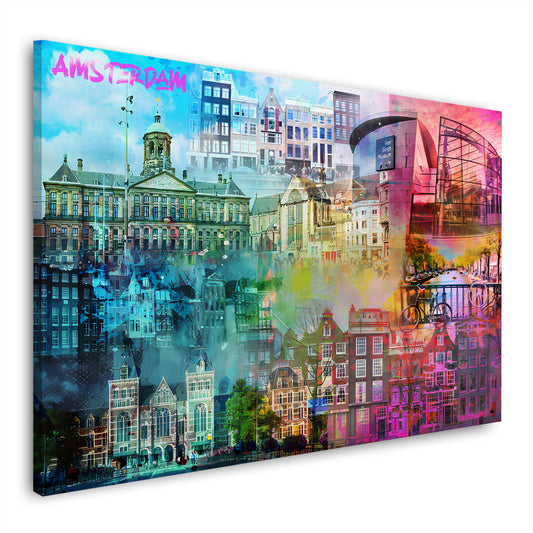 Quadro pop art Amsterdam cittá skyline colorato moderno