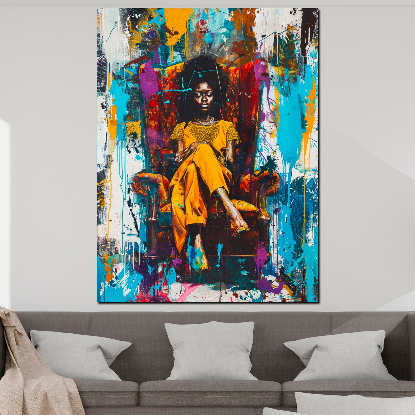 Quadro pop art donna africana colorata moderna sulla poltrona