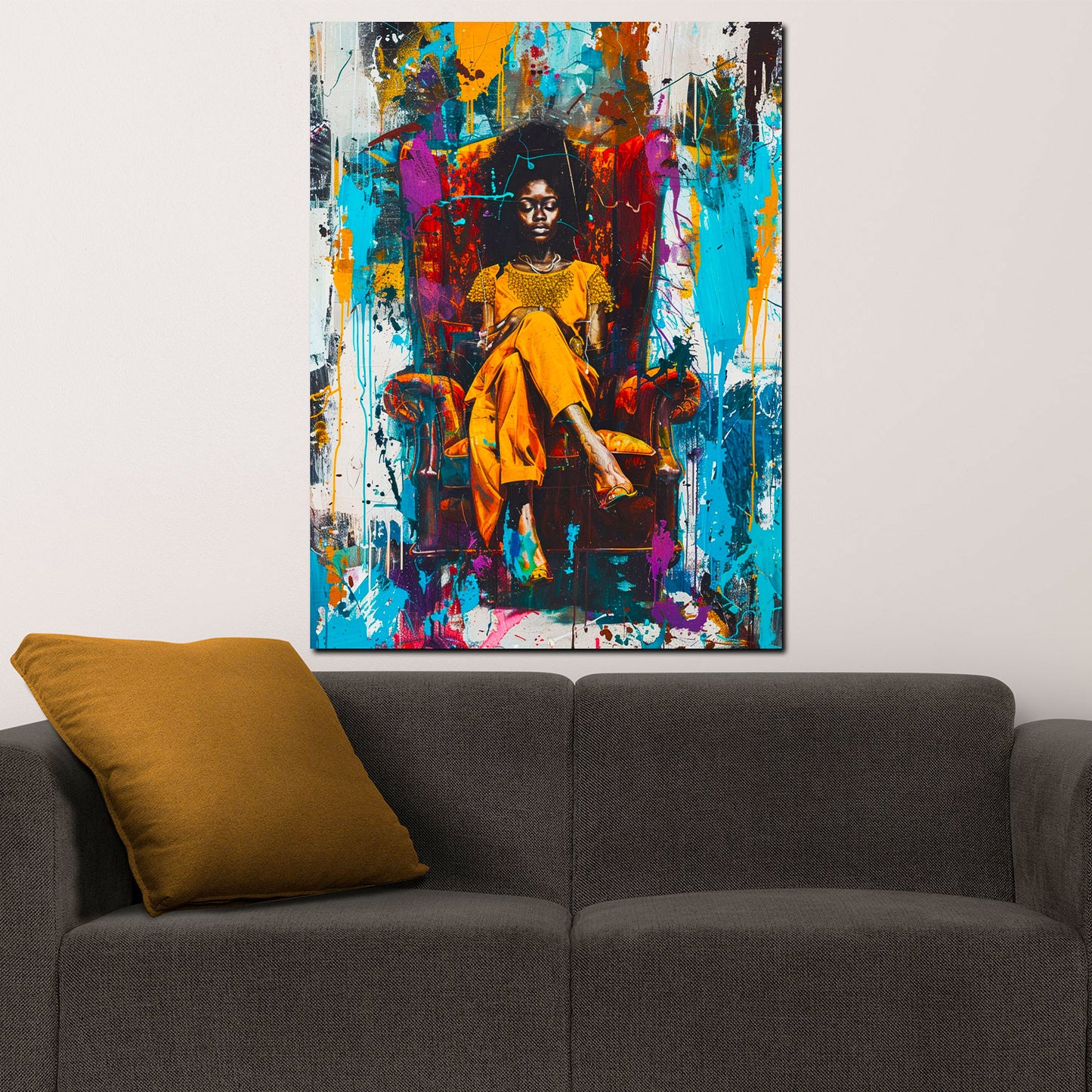 Quadro pop art donna africana colorata moderna sulla poltrona
