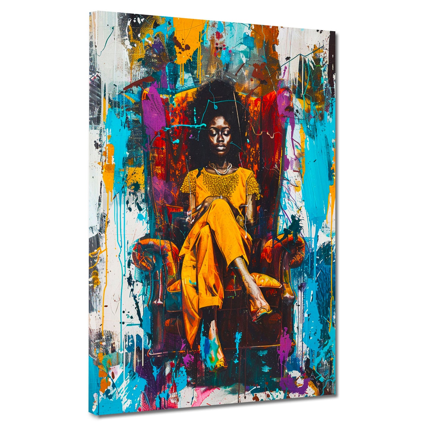 Quadro pop art donna africana colorata moderna sulla poltrona