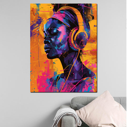 Quadro pop art donna africana moderna con cuffie e colori vivaci