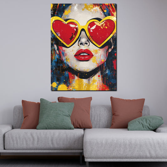 Quadro pop art donna occhiali cuore colorato moderno