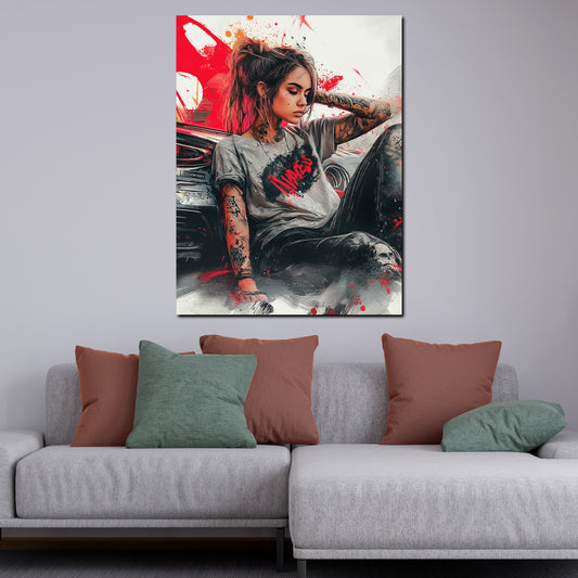 Quadro pop art donna tatuata con auto moderno ribelle