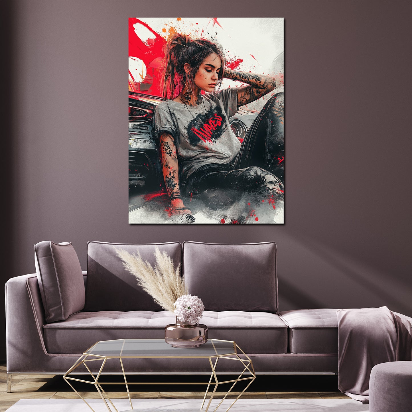 Quadro pop art donna tatuata con auto moderno ribelle