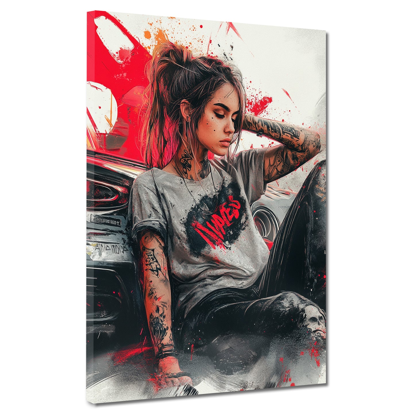 Quadro pop art donna tatuata con auto moderno ribelle