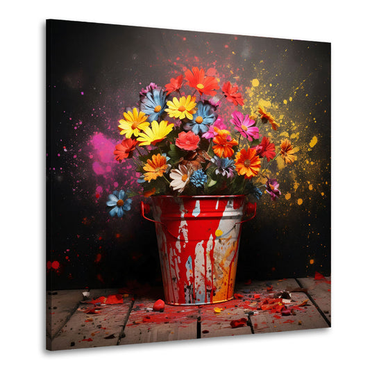 Quadro pop art fiori colorati secchio esplosione di colore moderno