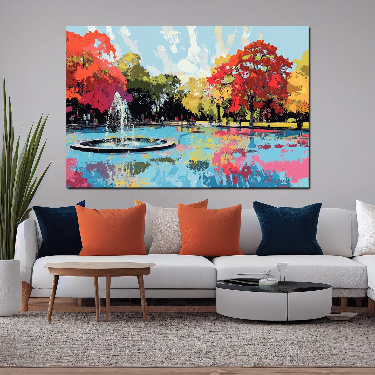 Quadro abstract art fontana parco alberi riflesso colori atmosfera autunnale